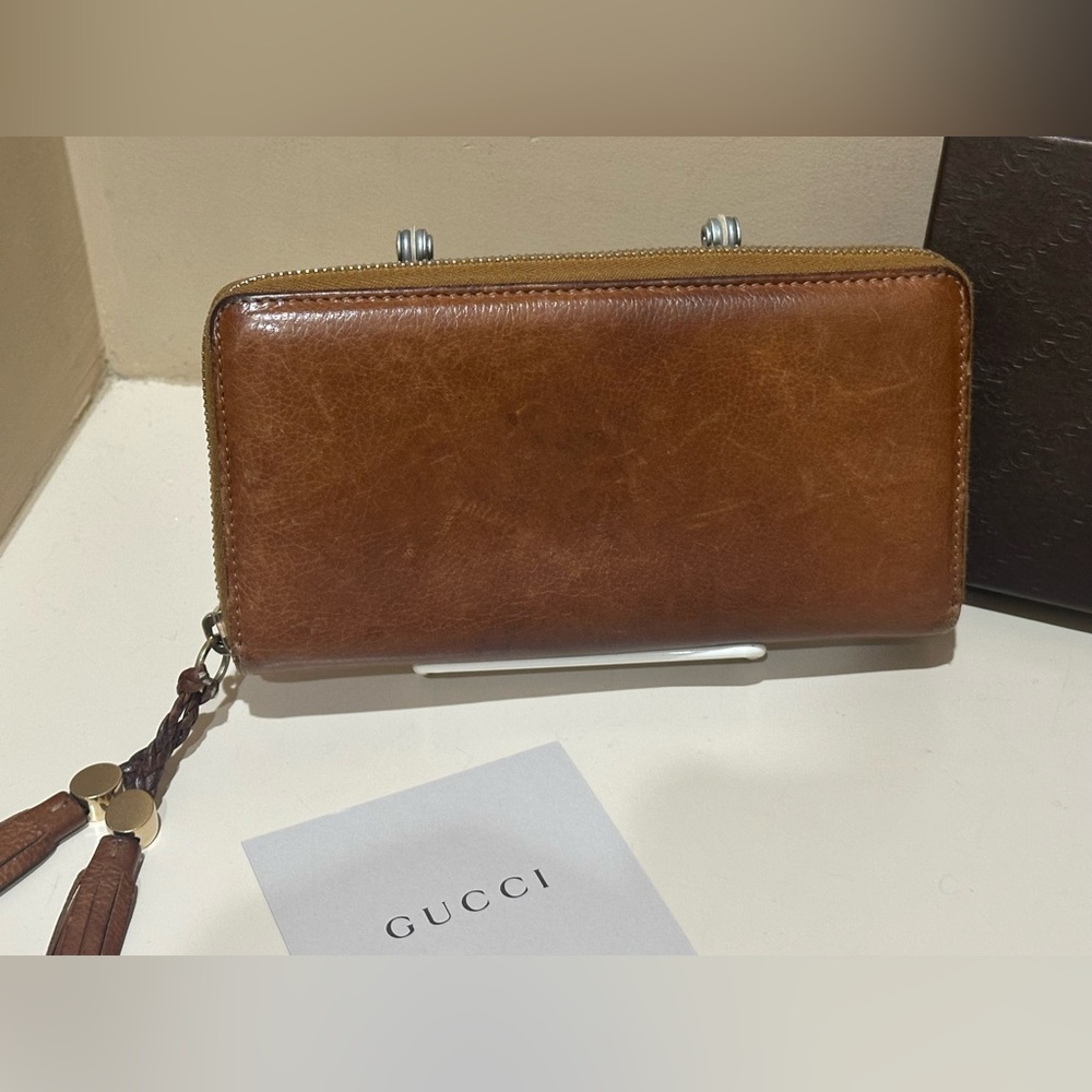 Gucci Long Zippy Tan Marrakech Leather Wallet w/GG Braid Tassels - Picture 3 of 13